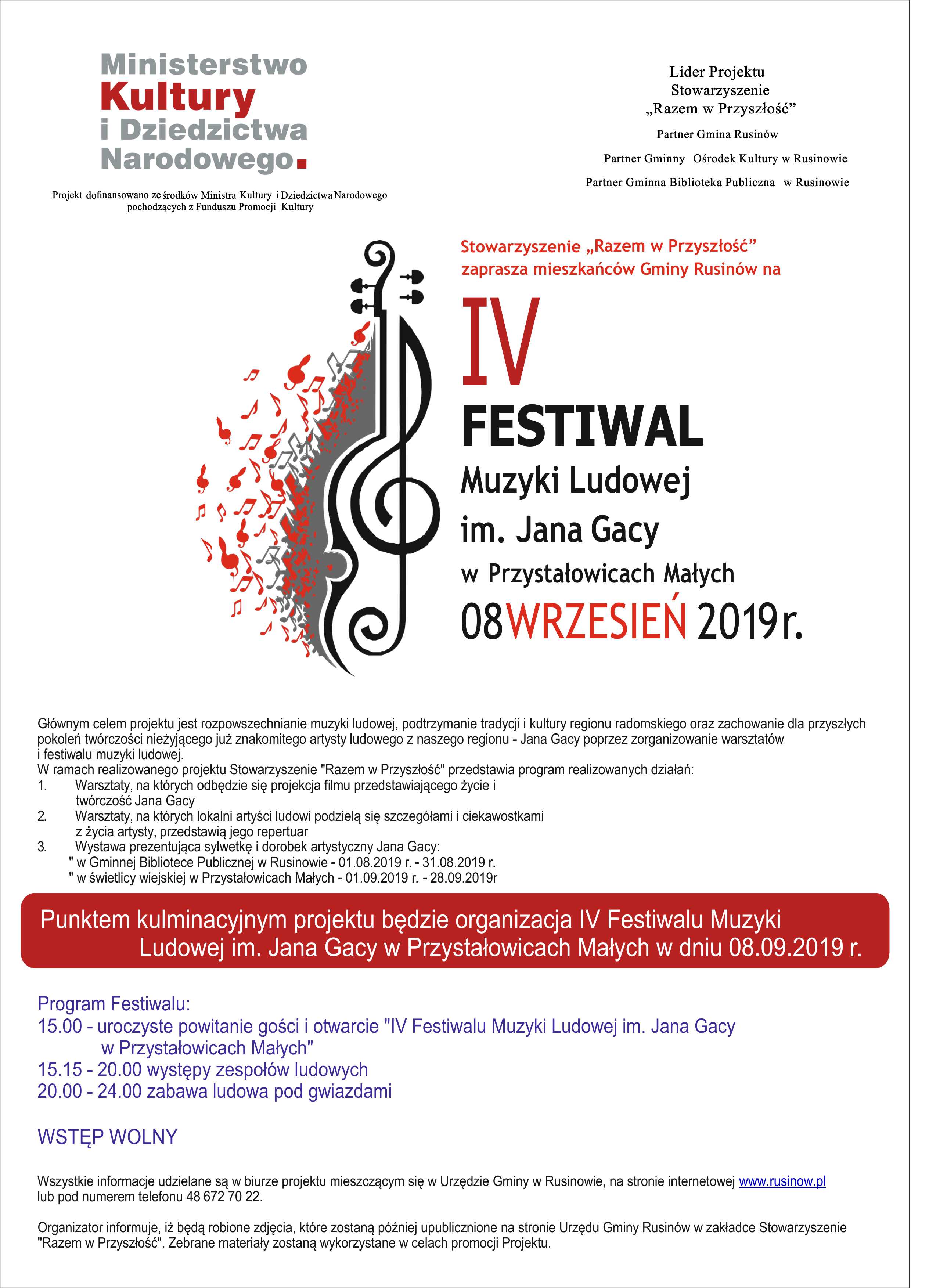 Zaproszenie na IV Festiwal Muzyki Ludowej im. Jana Gacy w Przystałowicach Małych