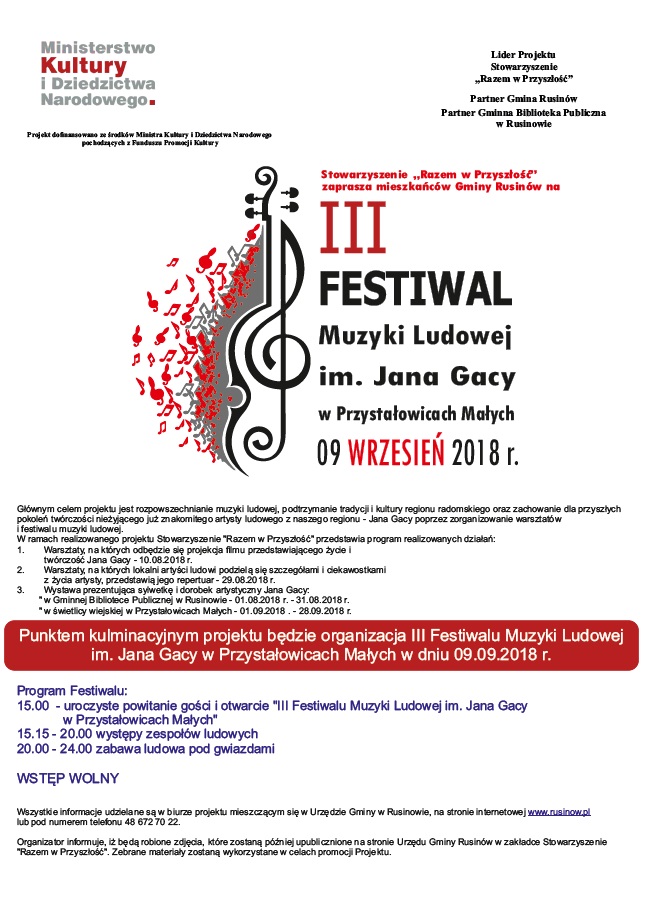 III Festiwal Muzyki Ludowej im. Jana Gacy - zaproszenie